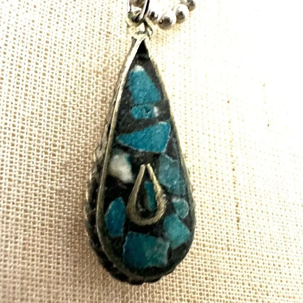 Boho Teardrop Mosaic Turquoise Pendant Necklace